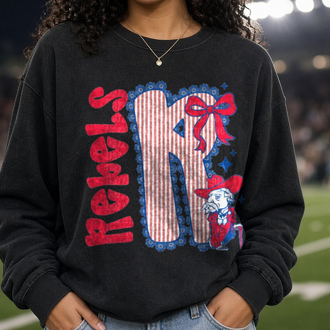 Rebels DTF transfer shown on a Comfort Colors sweatshirt