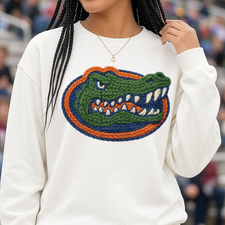 Gators crochet DTF transfer shown on a Comfort Colors sweatshirt