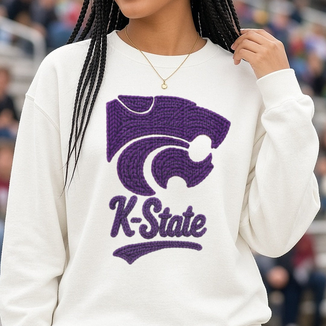 K state DTF transfer shown on a Comfort Colors sweatshirt