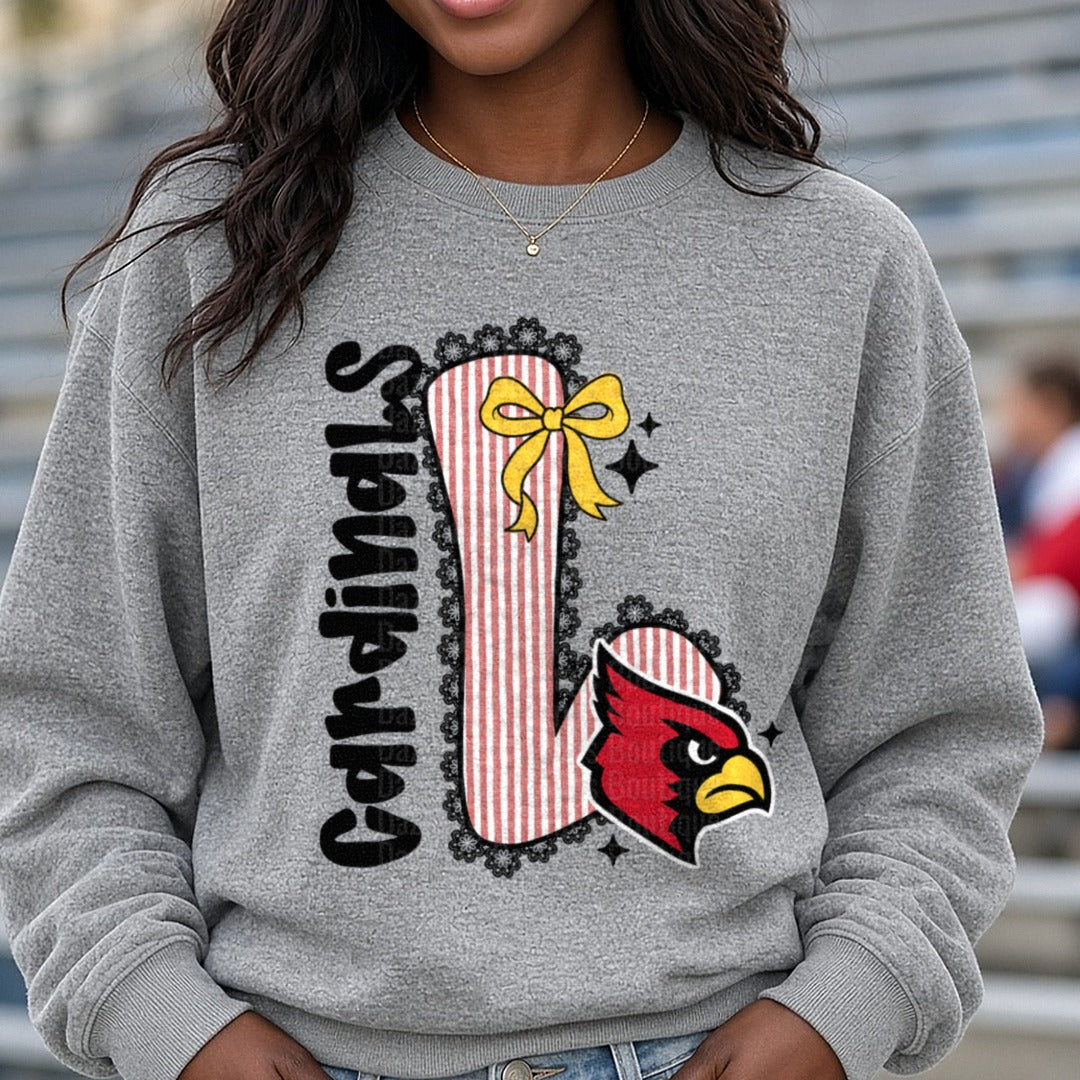 cardinals seersucker DTF transfer shown on a Comfort Colors sweatshirt