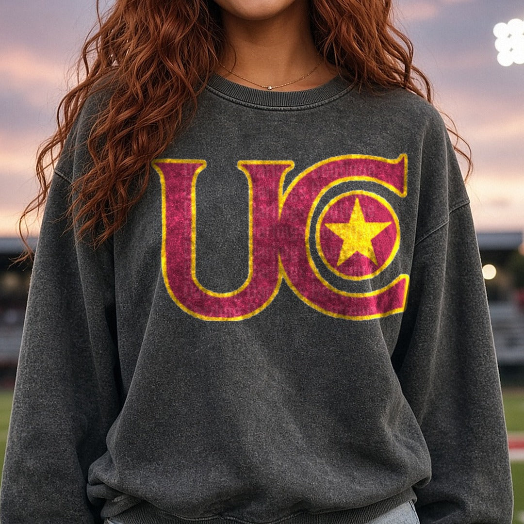 uc front UNIVERSITY OF CHARLESTON DTF transfer shown on a Comfort Colors sweatshirt