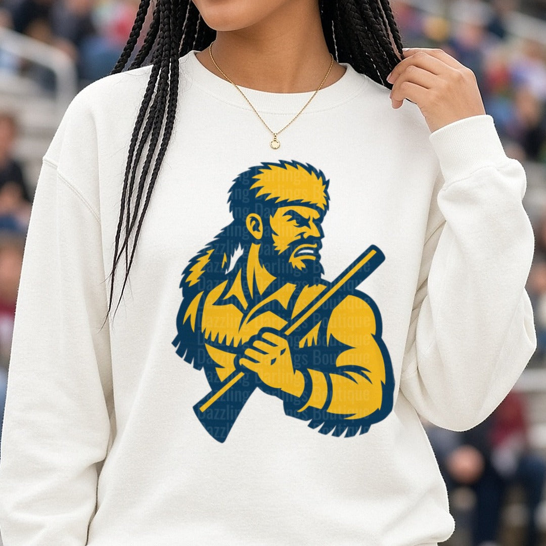 Mountaineers Gold Blue Mascot With Rifle DTF transfer shown on a Comfort Colors sweatshirt