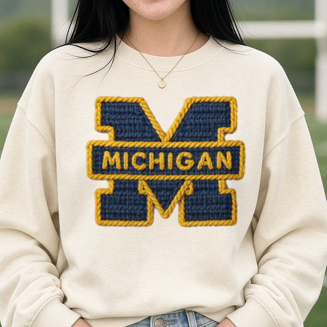 Michigan block m DTF transfer shown on a Comfort Colors sweatshirt