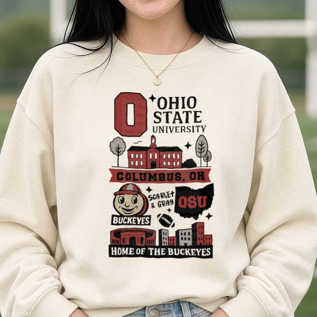 Buckeyes Campus Collage Home Of The Buckeyes DTF transfer shown on a Comfort Colors sweatshirt