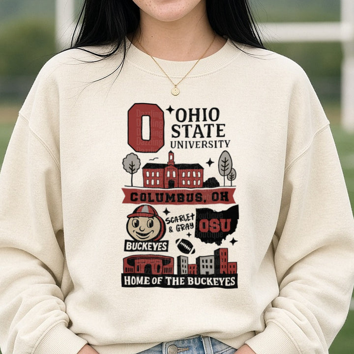 Buckeyes Campus Collage Home Of The Buckeyes DTF transfer shown on a Comfort Colors sweatshirt