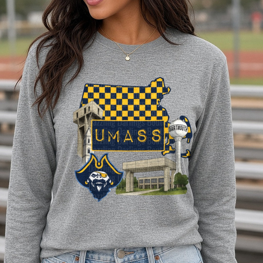 Umass University of Mass DTF transfer shown on a Comfort Colors long sleeve tee