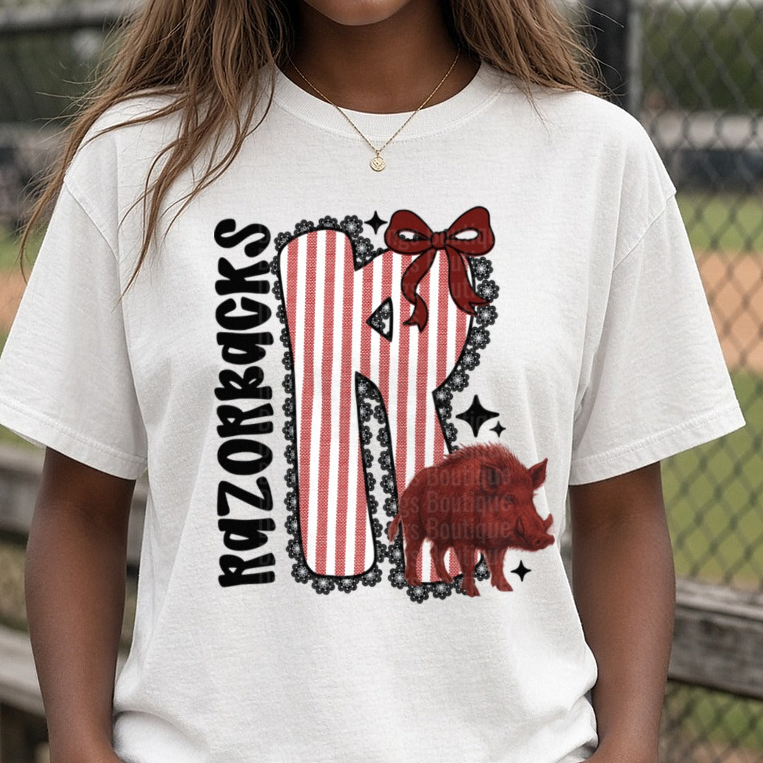 Razorbacks seersucker DTF transfer shown on a Comfort Colors tee
