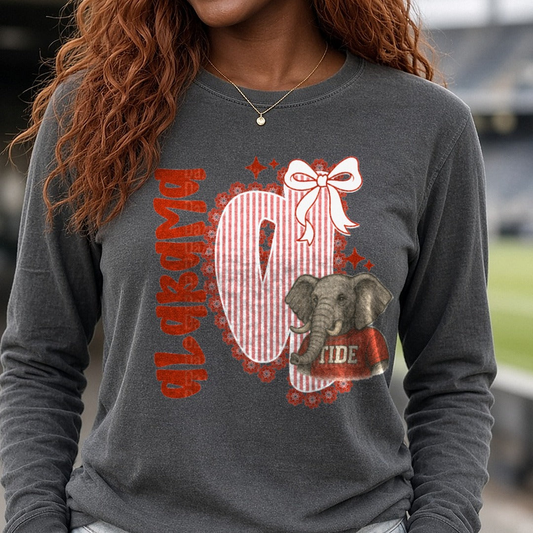 Alabama seersucker DTF transfer shown on a Comfort Colors long sleeve tee