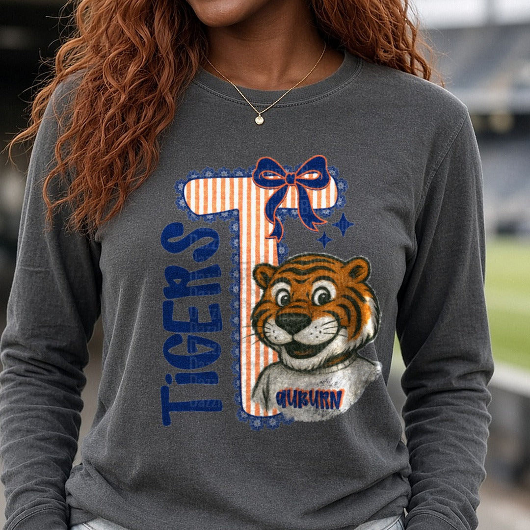 Auburn tigers seersucker DTF transfer shown on a Comfort Colors long sleeve tee