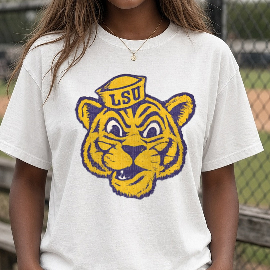 lsu front DTF transfer shown on a Comfort Colors tee