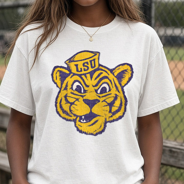 lsu front DTF transfer shown on a Comfort Colors tee