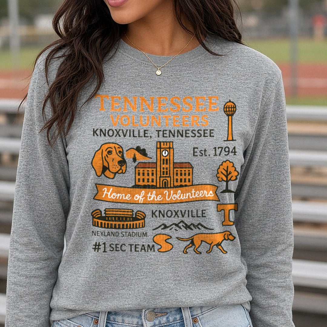 volunteers DTF transfer shown on a Comfort Colors long sleeve tee