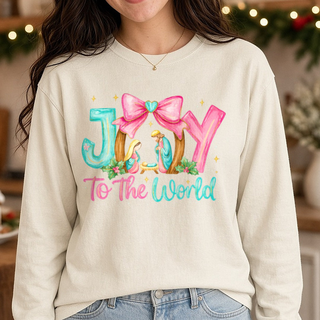Joy to the World DTF transfer shown on a Comfort Colors long sleeve tee
