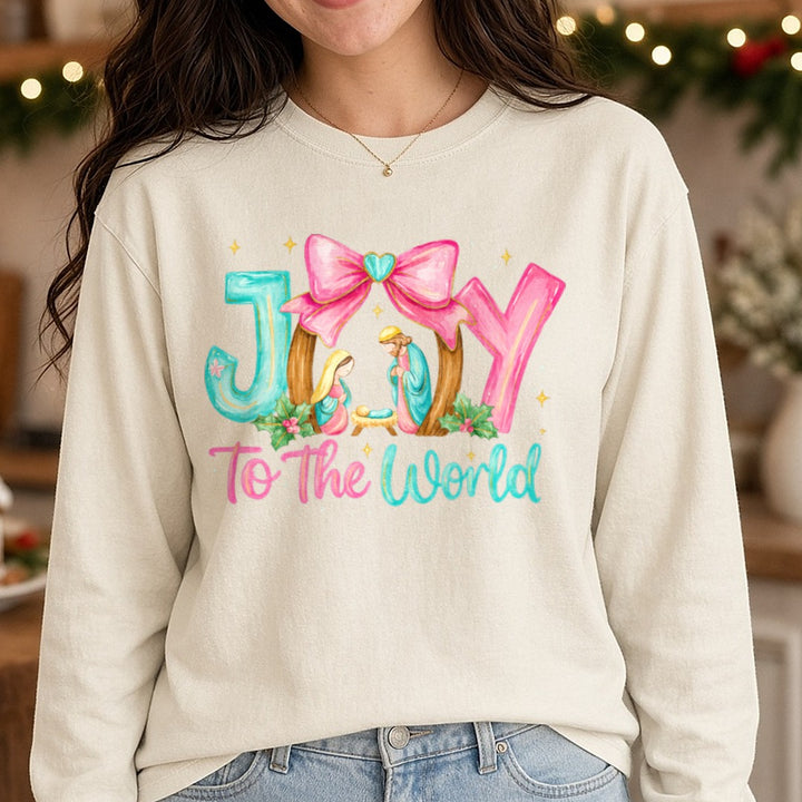 Joy to the World DTF transfer shown on a Comfort Colors long sleeve tee