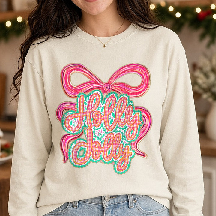 Holly Jooly DTF transfer shown on a Comfort Colors long sleeve tee