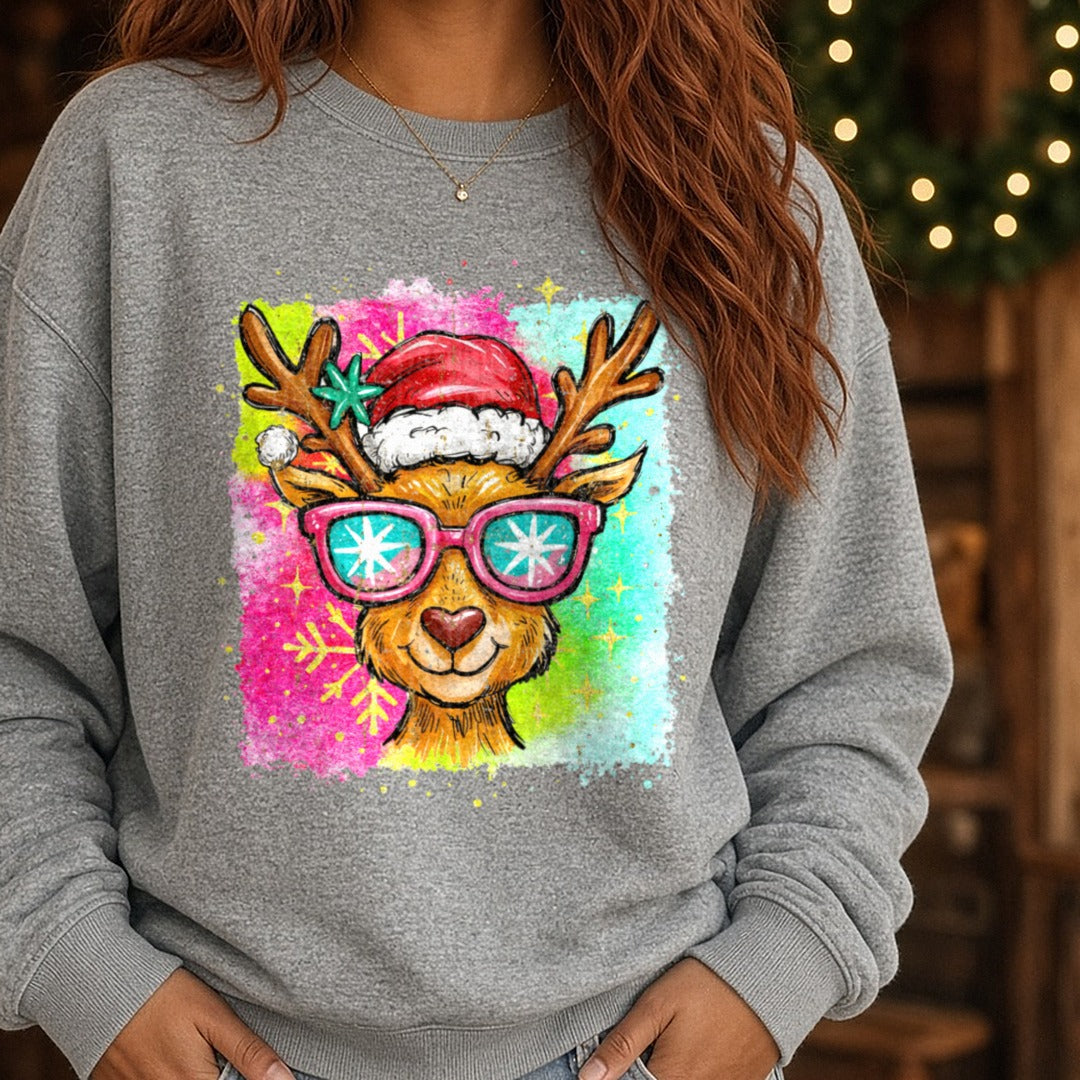 REINDEER distressed DTF transfer shown on a Comfort Colors sweatshirt