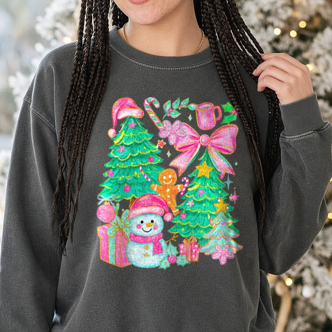 Preppy Doodle Snowman Tree DTF transfer shown on a Comfort Colors sweatshirt