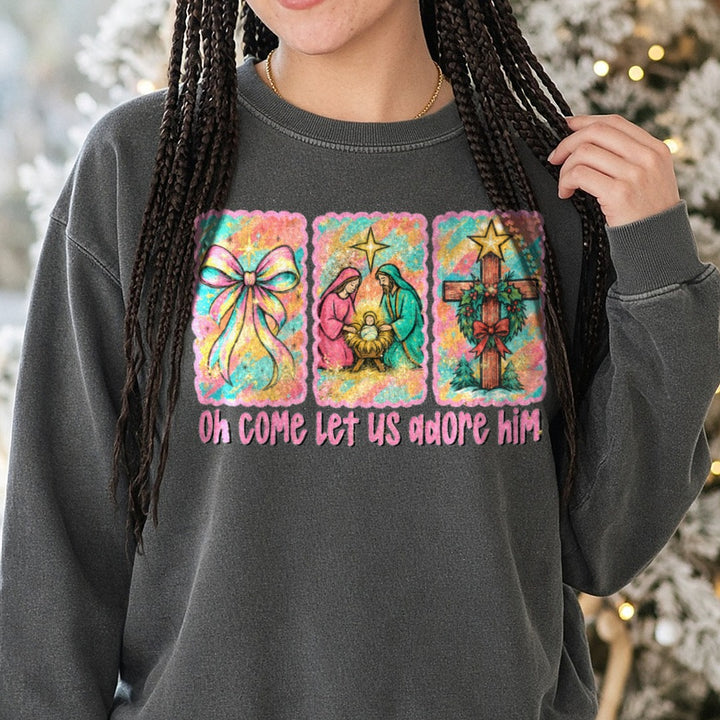 Oh Come Let Us Adore Him DTF transfer shown on a Comfort Colors sweatshirt