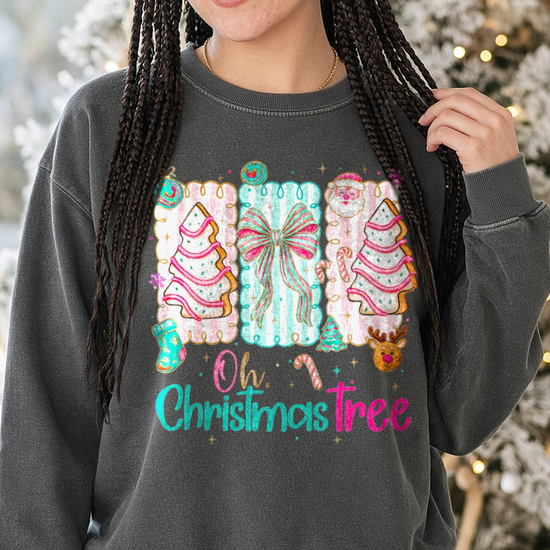 Oh Christmas Tree DTF transfer shown on a Comfort Colors sweatshirt