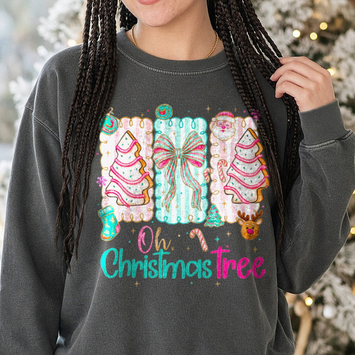 Oh Christmas Tree DTF transfer shown on a Comfort Colors sweatshirt
