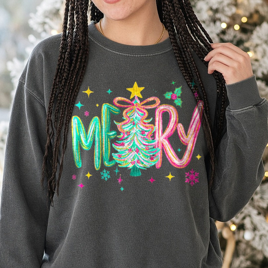 Merry Pastel Christmas Tree Glitter Letters DTF transfer shown on a Comfort Colors sweatshirt