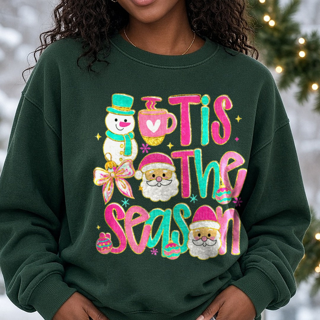 Tis The Season Pink Santa Snowman Cocoa DTF transfer shown on a Comfort Colors sweatshirt