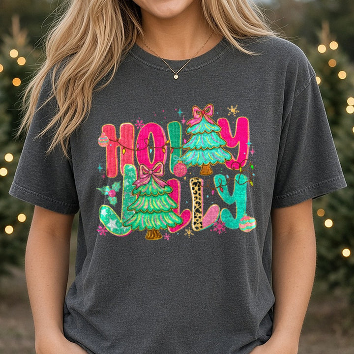 Holly Jolly DTF transfer shown on a Comfort Colors tee