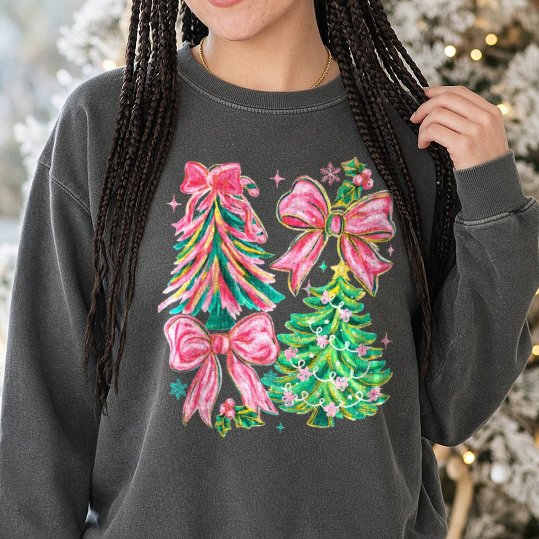 Christmas Tree Bow DTF transfer shown on a Comfort Colors sweatshirt