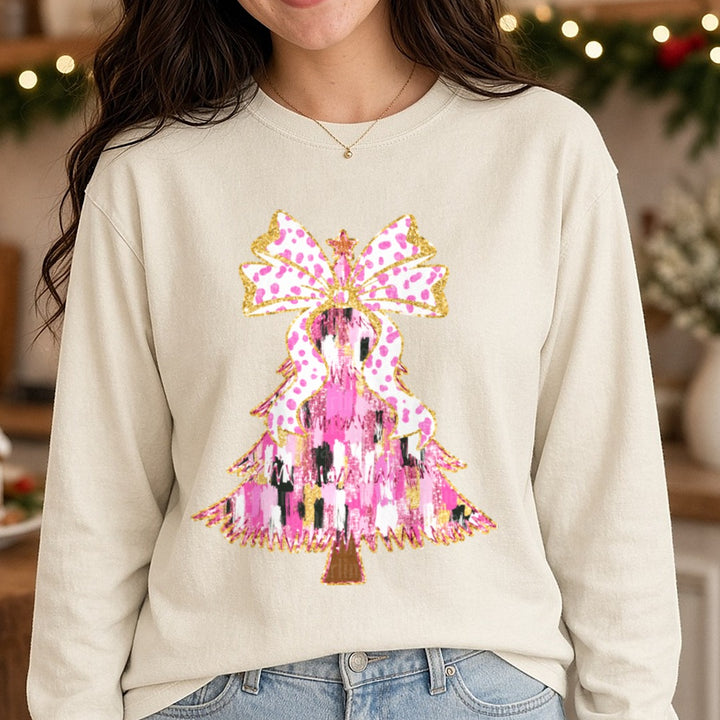 Pink Tree DTF transfer shown on a Comfort Colors long sleeve tee