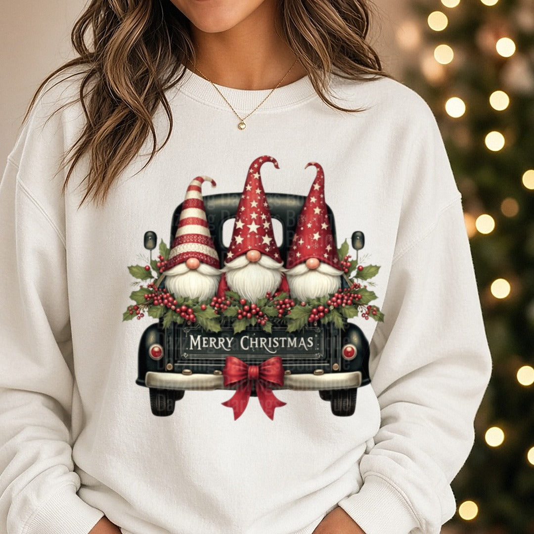 Merry Christmas Gnome Truck DTF transfer shown on a Comfort Colors sweatshirt