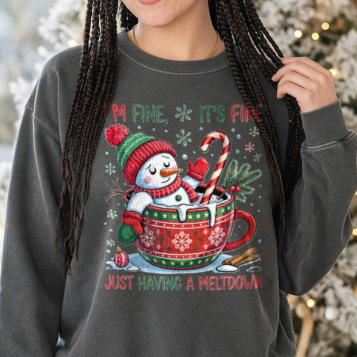 Funny snowman I'M FINE IT'S FINE DTF transfer shown on a Comfort Colors sweatshirt