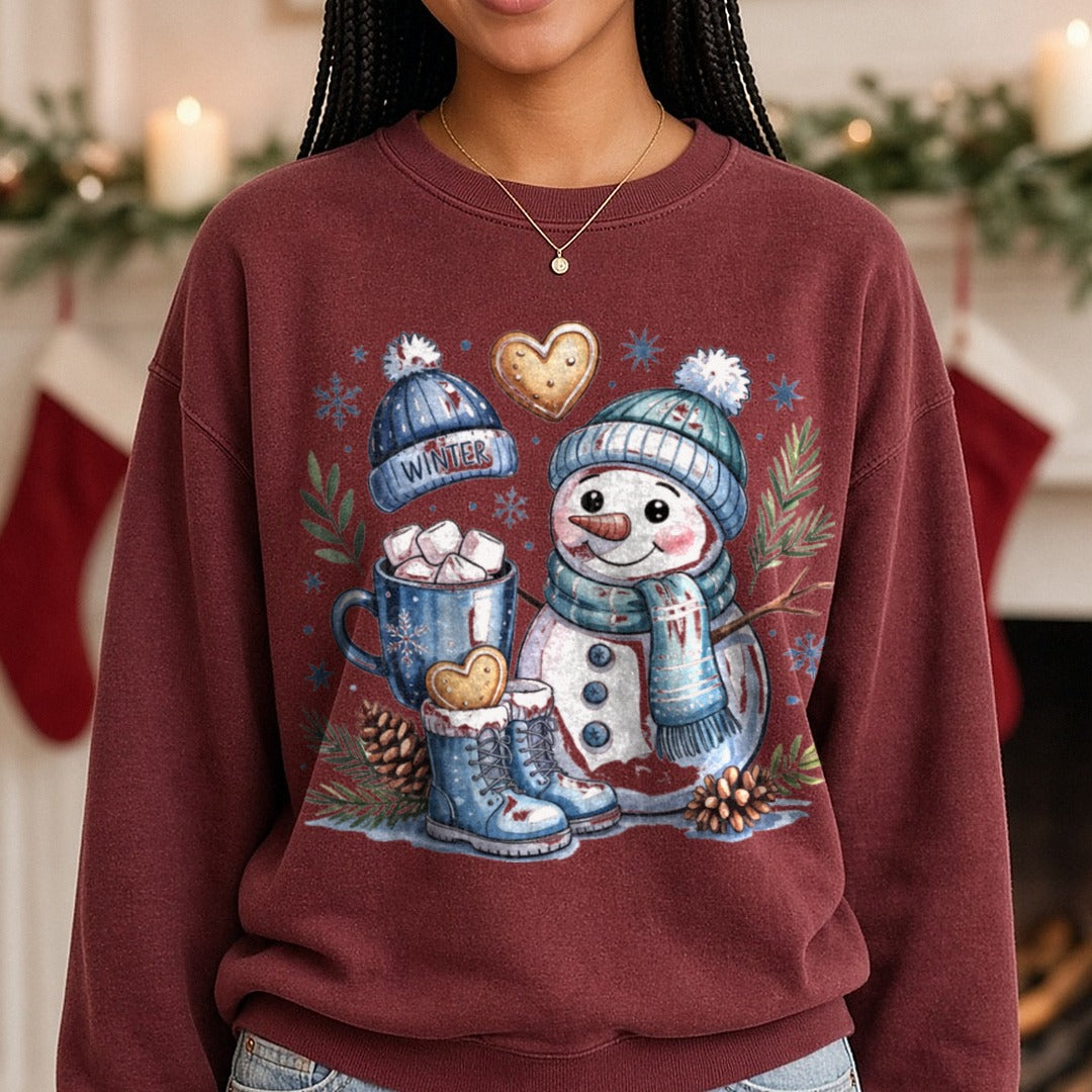 Snowman Blue DTF transfer shown on a Comfort Colors sweatshirt