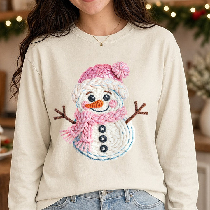 Faux Yarn Snowman DTF transfer shown on a Comfort Colors long sleeve tee