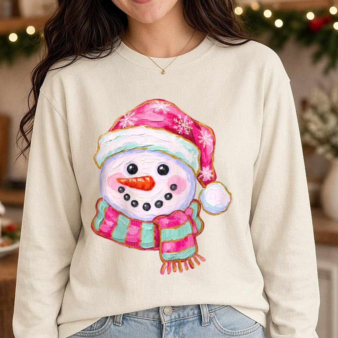 Paint Brushstroke Snowman DTF transfer shown on a Comfort Colors long sleeve tee