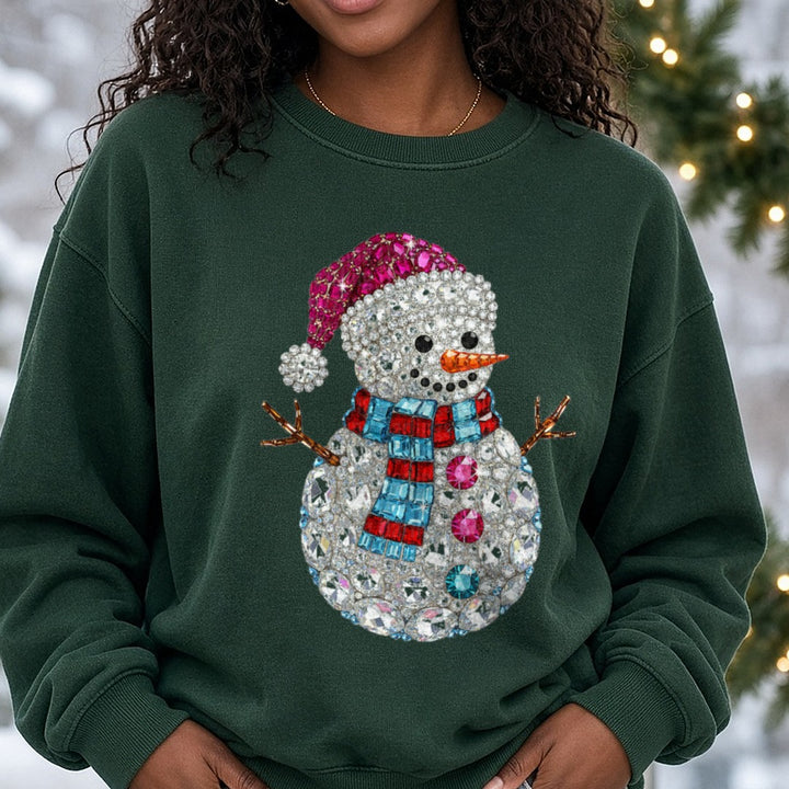 Rhinestone Snowman DTF transfer shown on a Comfort Colors sweatshirt