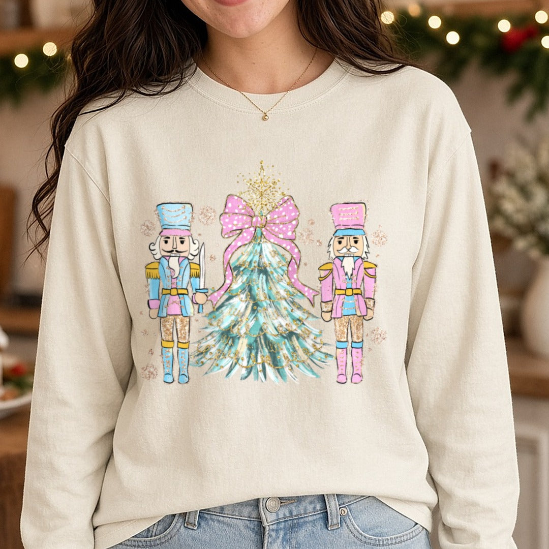 Nutcrackers Tree DTF transfer shown on a Comfort Colors long sleeve tee