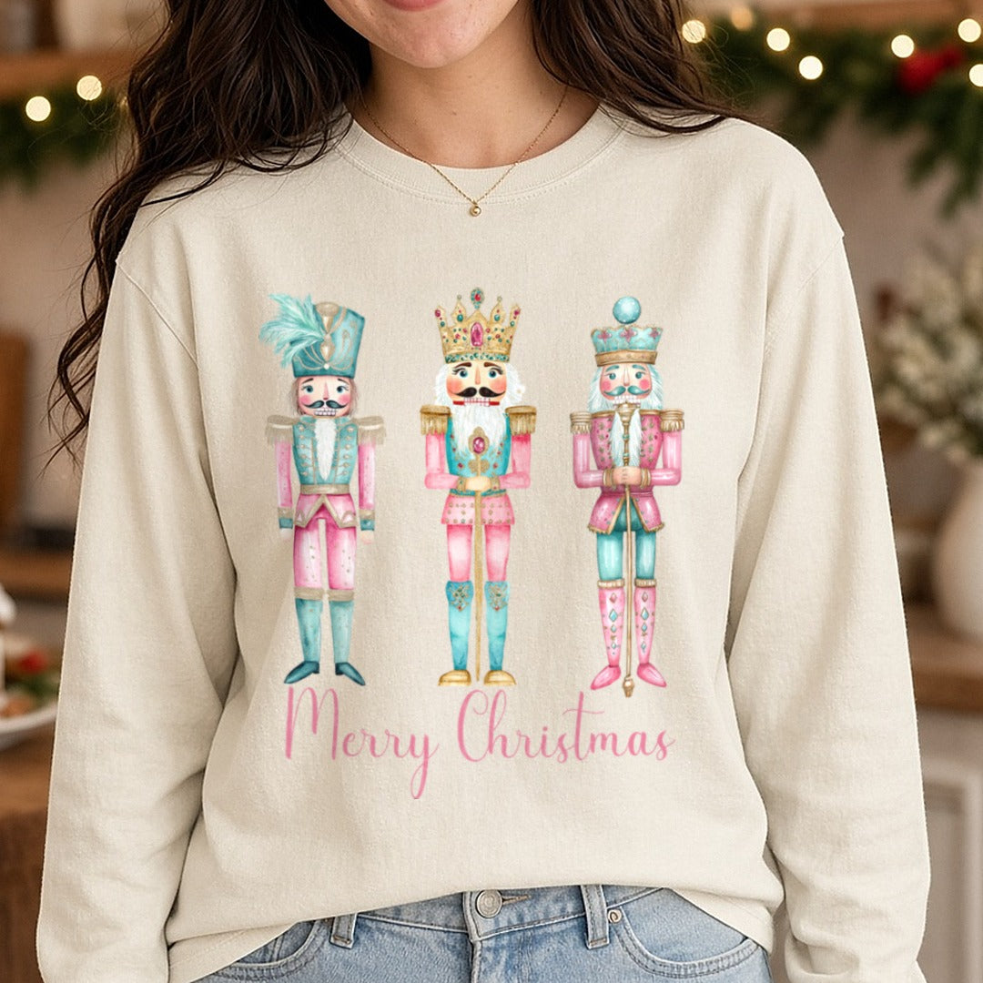 Nutcracker Christmas DTF transfer shown on a Comfort Colors long sleeve tee