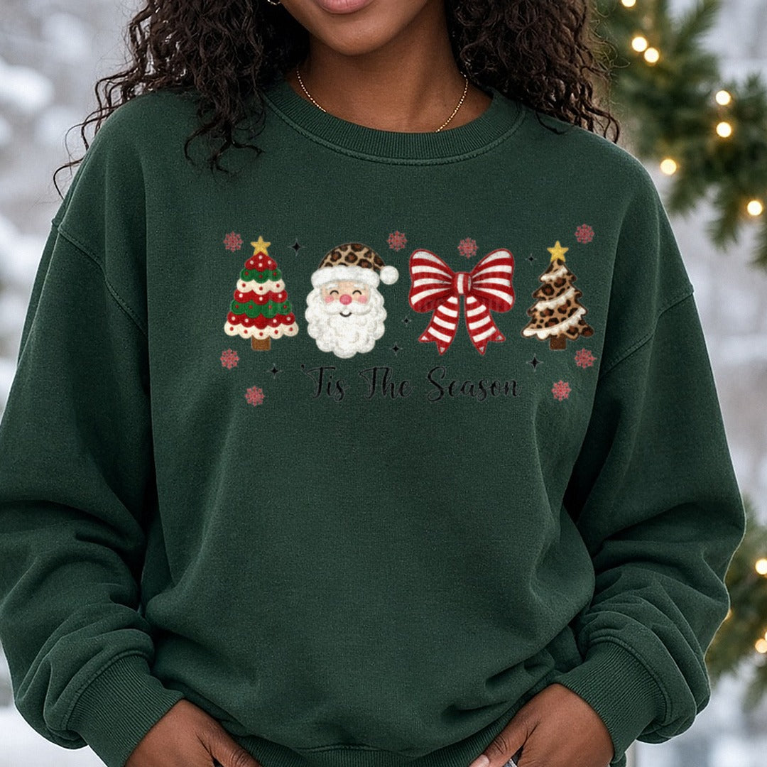 Tis the Season Yarn DTF transfer shown on a Comfort Colors sweatshirt