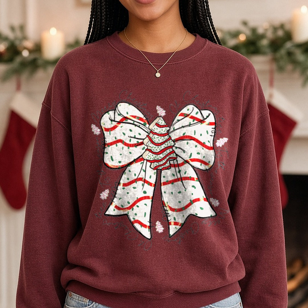 Christmas tree cakes DTF transfer shown on a Comfort Colors sweatshirt