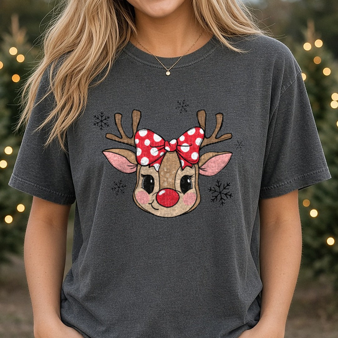 reindeer GIRL DTF transfer shown on a Comfort Colors tee