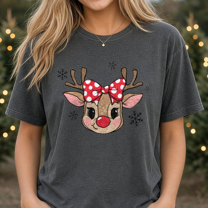 reindeer GIRL DTF transfer shown on a Comfort Colors tee