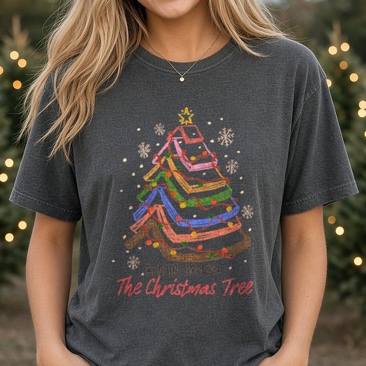 THE CHRISTMAS TREE Christmas Book DTF transfer shown on a Comfort Colors tee