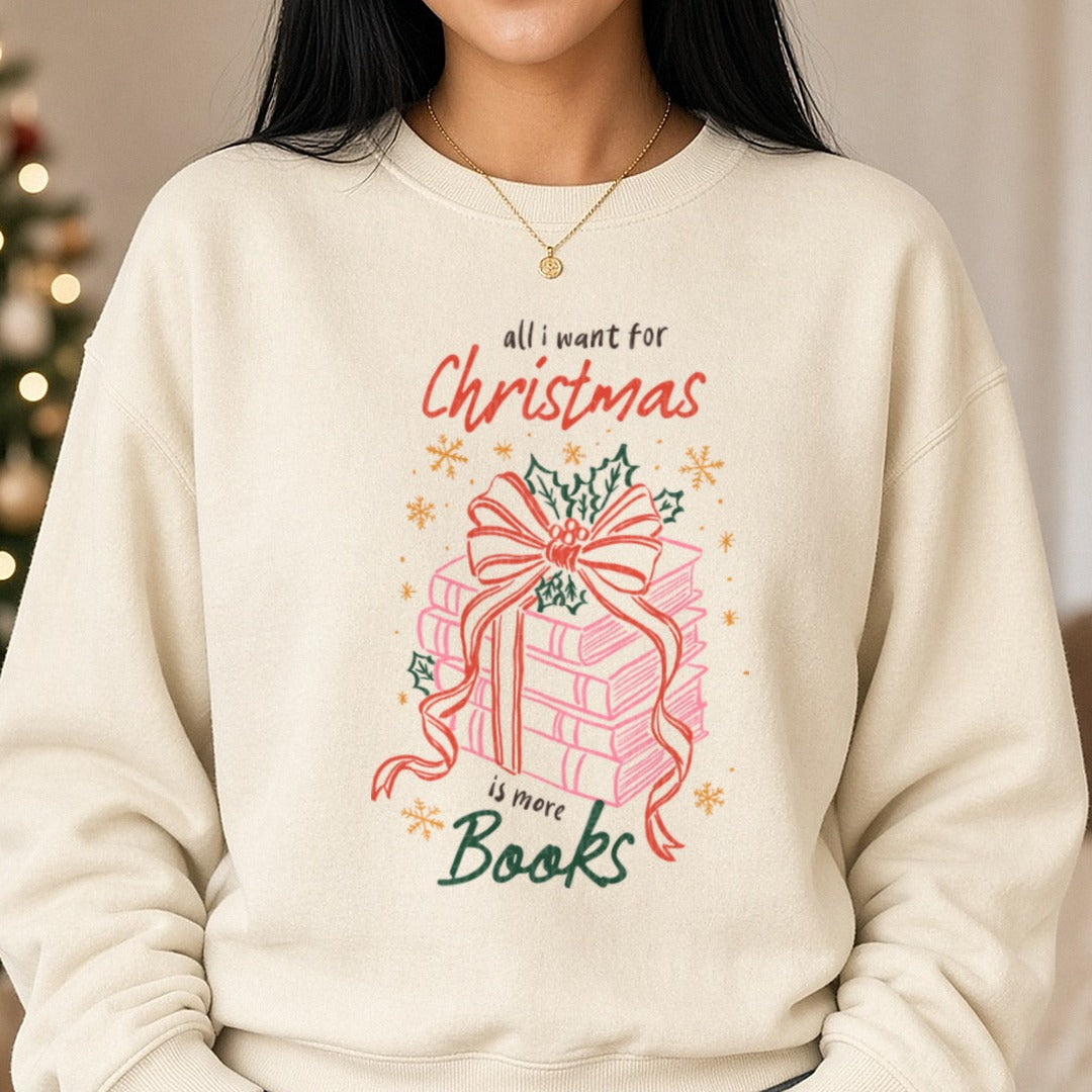Christmas Book All I Want For Christmas Is More Books Line Art DTF transfer shown on a Comfort Colors sweatshirt