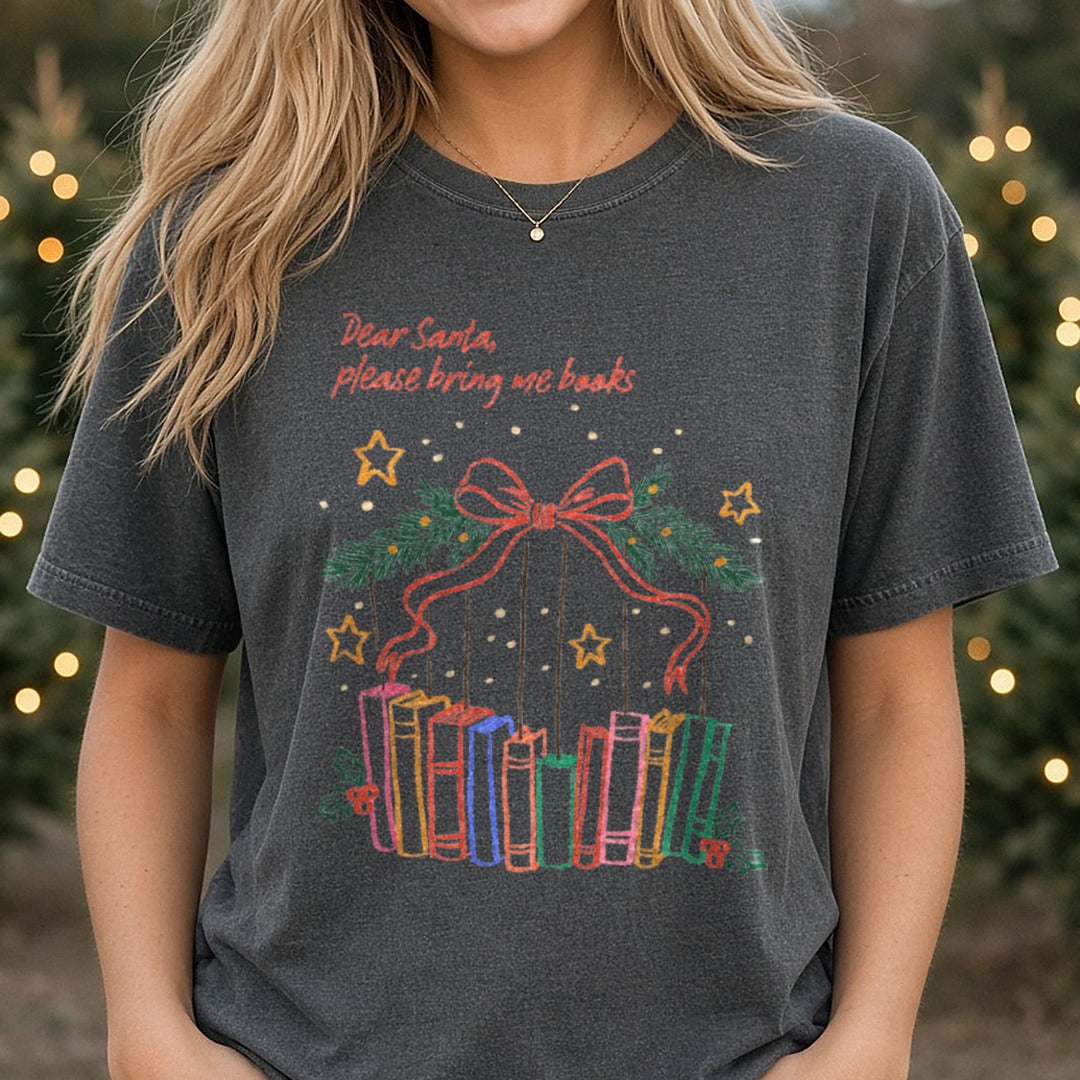 DEAR SANTA Christmas Book DTF transfer shown on a Comfort Colors tee