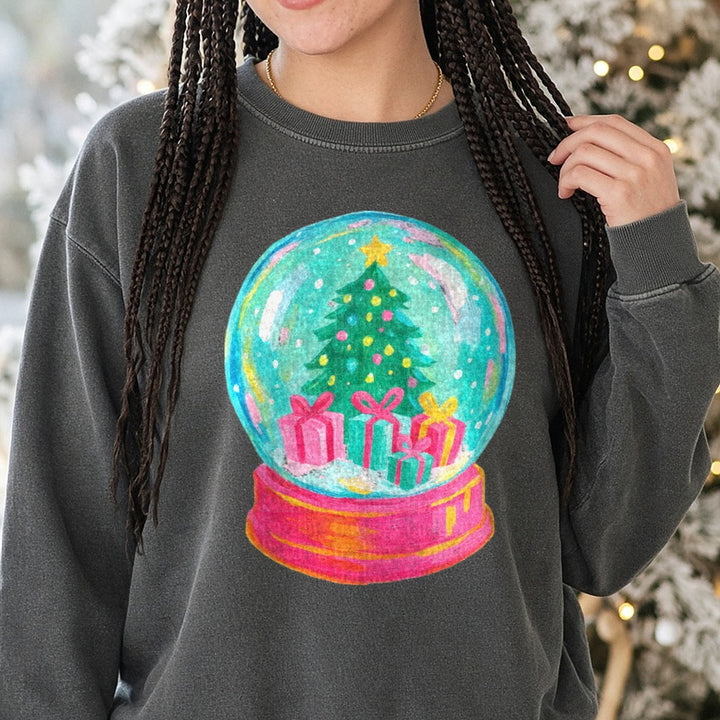SNOW GLOBE Brushstroke Christmas DTF transfer shown on a Comfort Colors sweatshirt