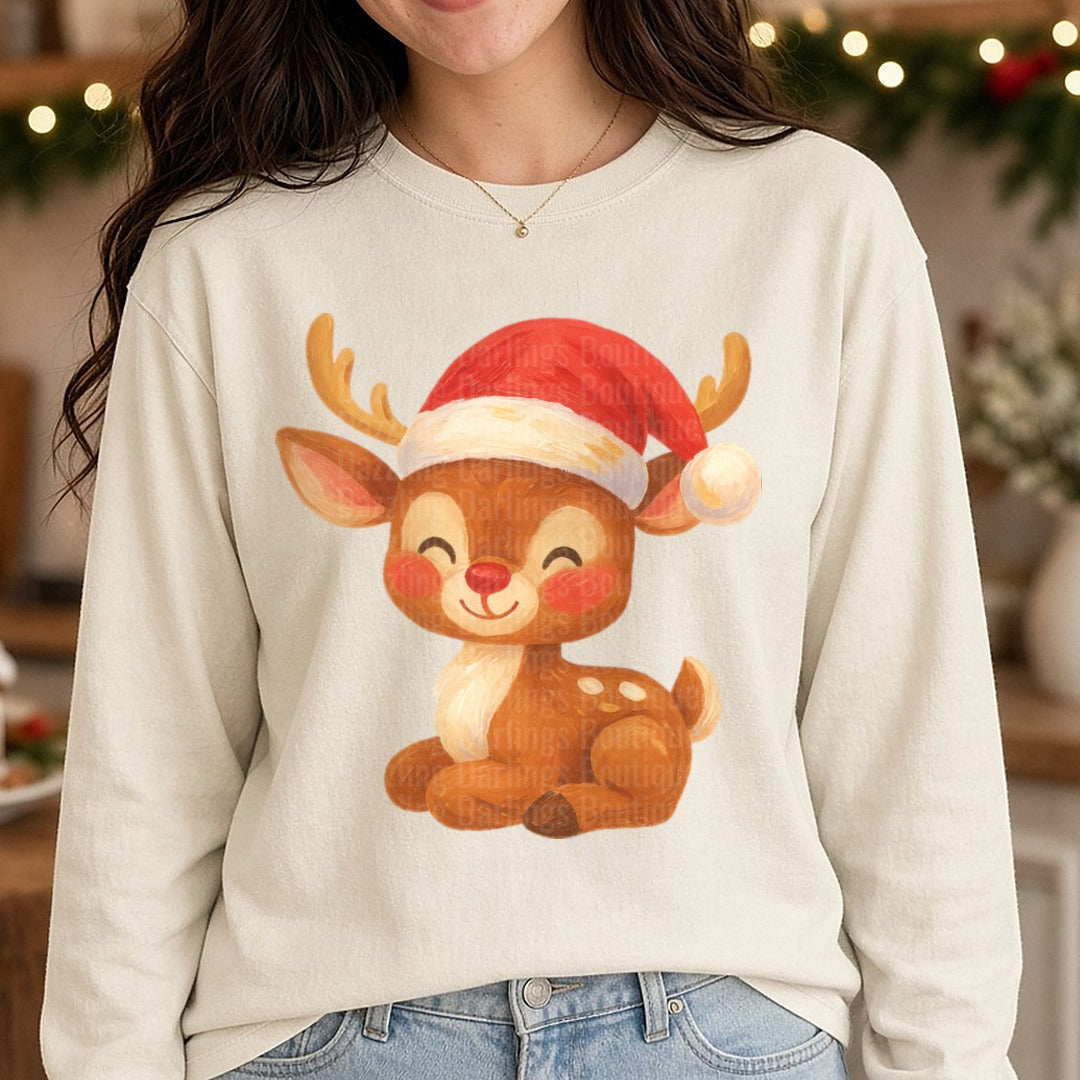 REINDEER Brushstroke Christmas DTF transfer shown on a Comfort Colors long sleeve tee