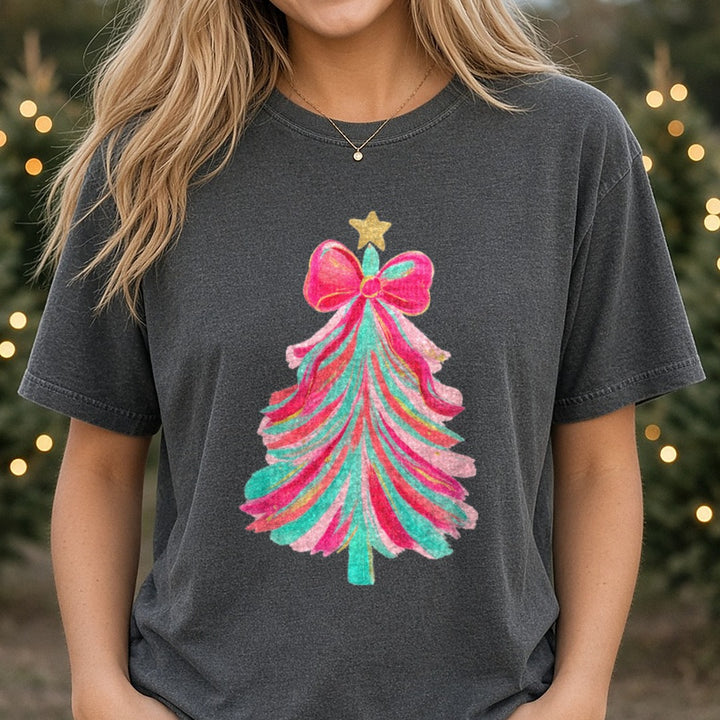 CHRISTMAS TREE Brushstroke Christmas DTF transfer shown on a Comfort Colors tee