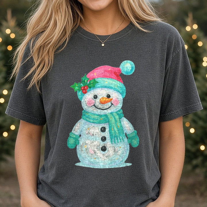 SNOWMAN Brushstroke Christmas DTF transfer shown on a Comfort Colors tee