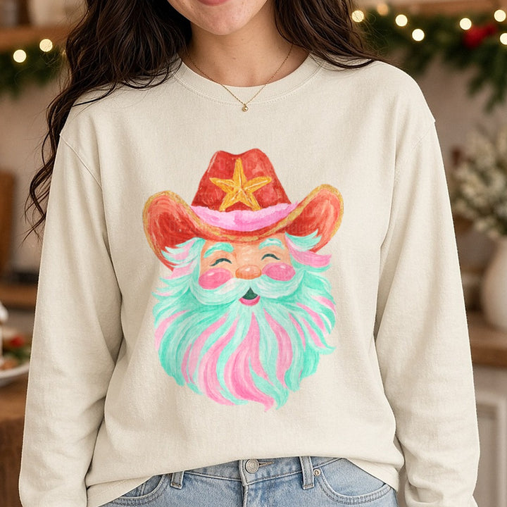 COWBOY SANTA Brushstroke Christmas DTF transfer shown on a Comfort Colors long sleeve tee
