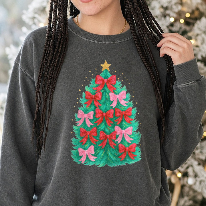 Christmas Tree Brushstroke Christmas Green Tree Pink Red Bows DTF transfer shown on a Comfort Colors sweatshirt